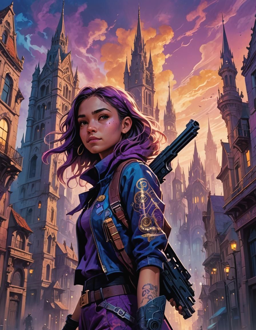 Fantasy Girl with Gun in Dreamlike Cityscape