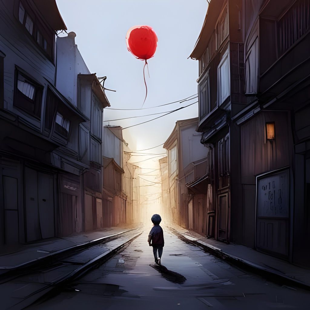 Boy With Balloon in Alley: Digital Illustration