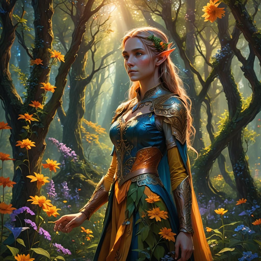 Sun Elf in Lush Forest: Fantasy Concept Art