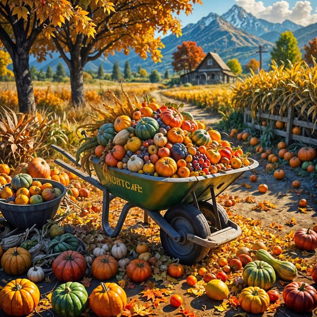 Autumn Harvest Overflowing Wheelbarrow Painting