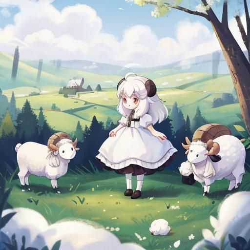 Sheep Girl with White Hair and Dress