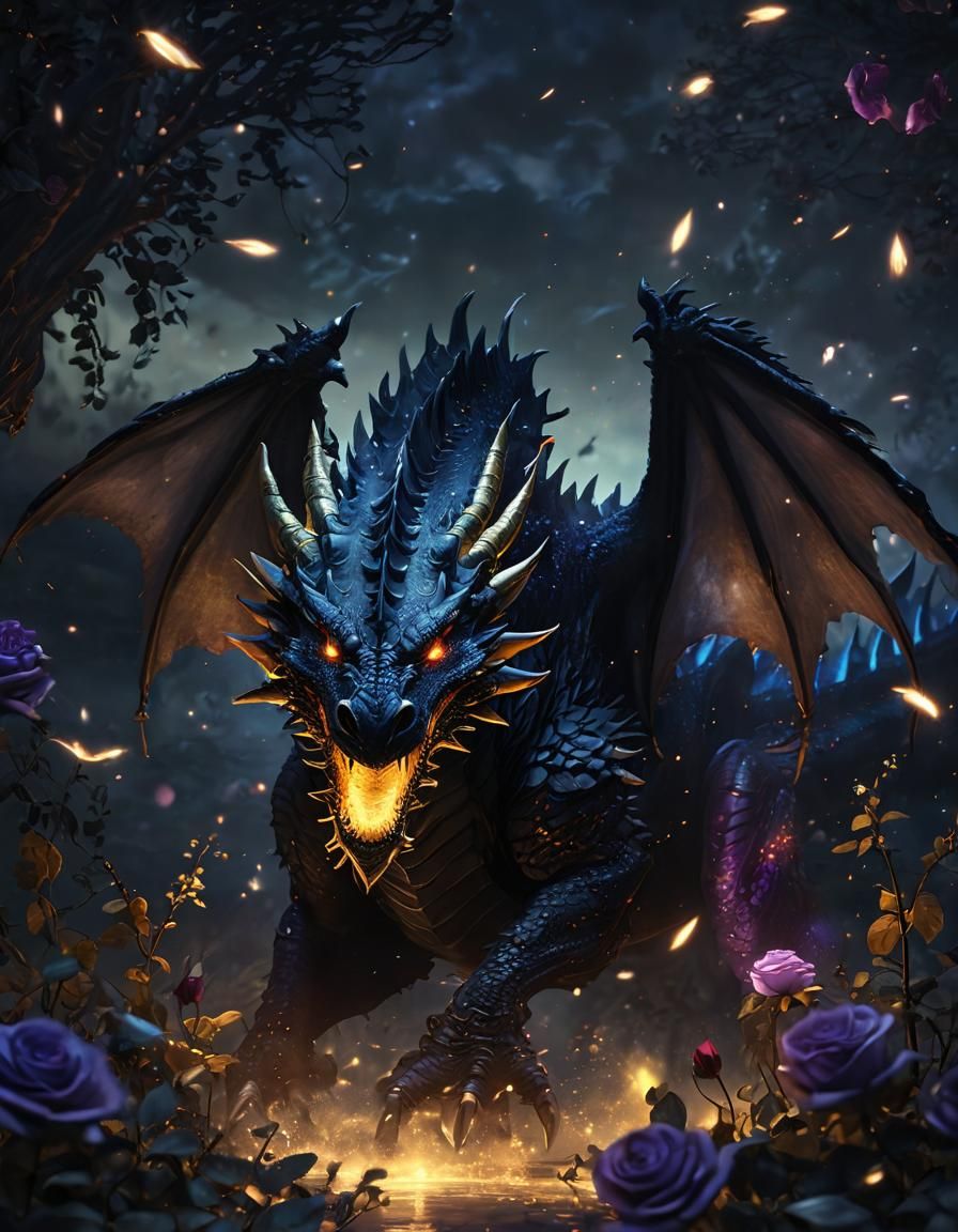 Fluffy Black Dragon with Rose in Fantasy Illustration