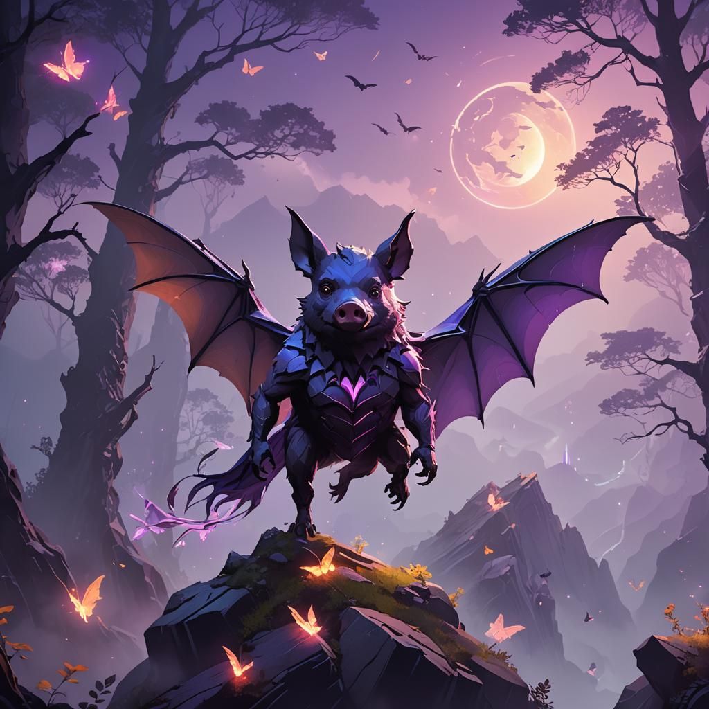 Bat-Pig Creature on Misty Cliff in Low Poly 3D