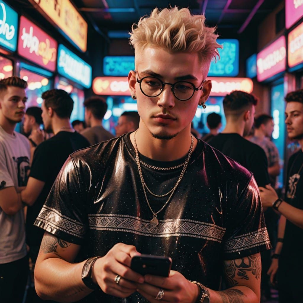 Grunge Guy Shines at the Disco in Neon Glow