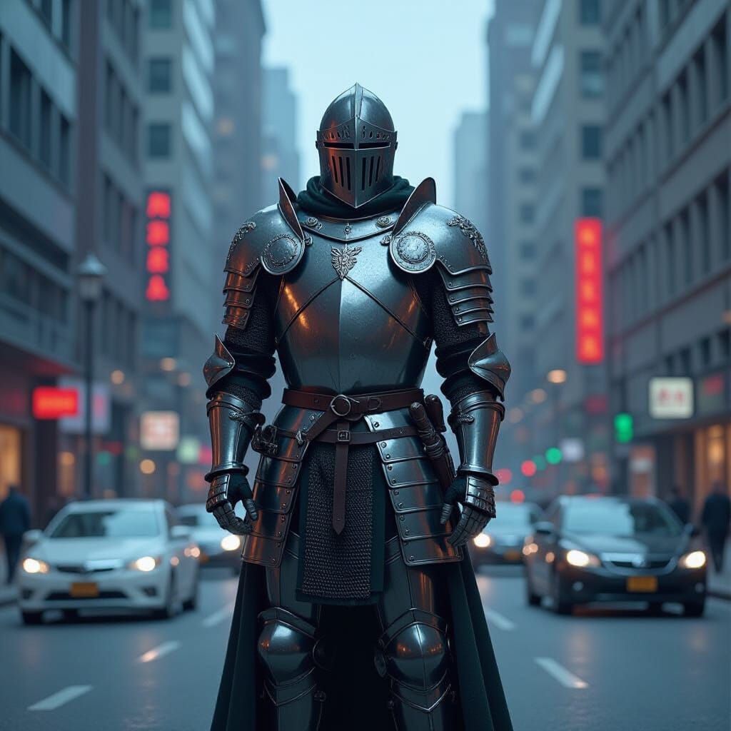 Bewildered Knight in Cityscape: Photorealistic Time Travel