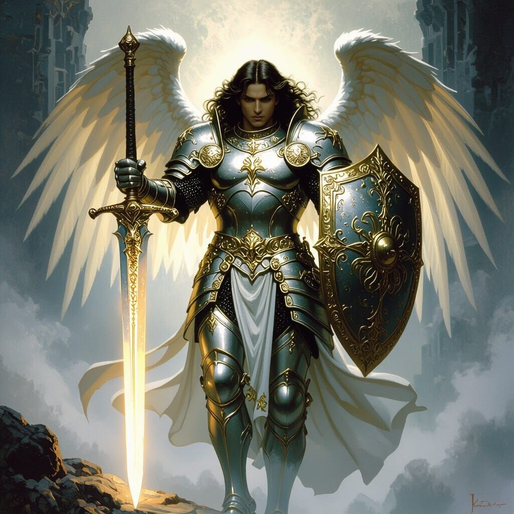 Archangel Michael in Ornate Armor with Sword