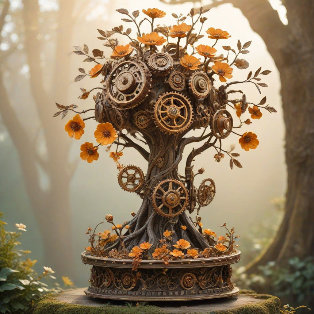 Steampunk Botanical Sculpture in Whimsical, Golden Light