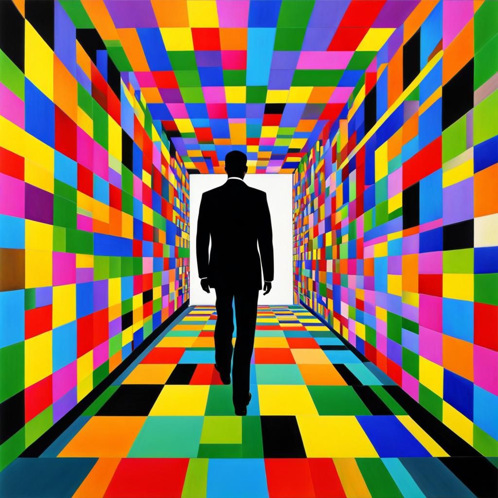 Mind Maze: Man Walks Infinite Corridor in Surreal Painting