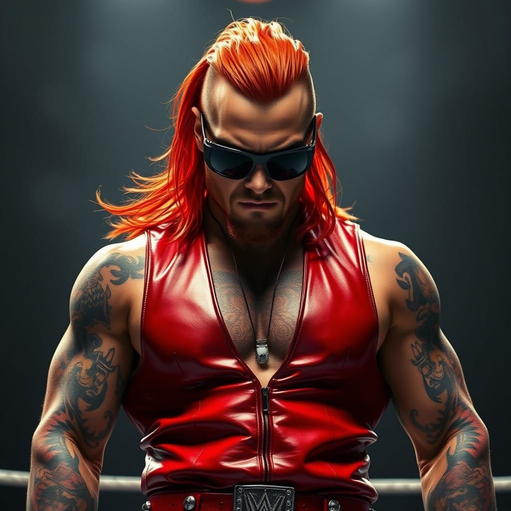 Hyperrealistic Male Wrestler in Red Leather Outfit with Intr...