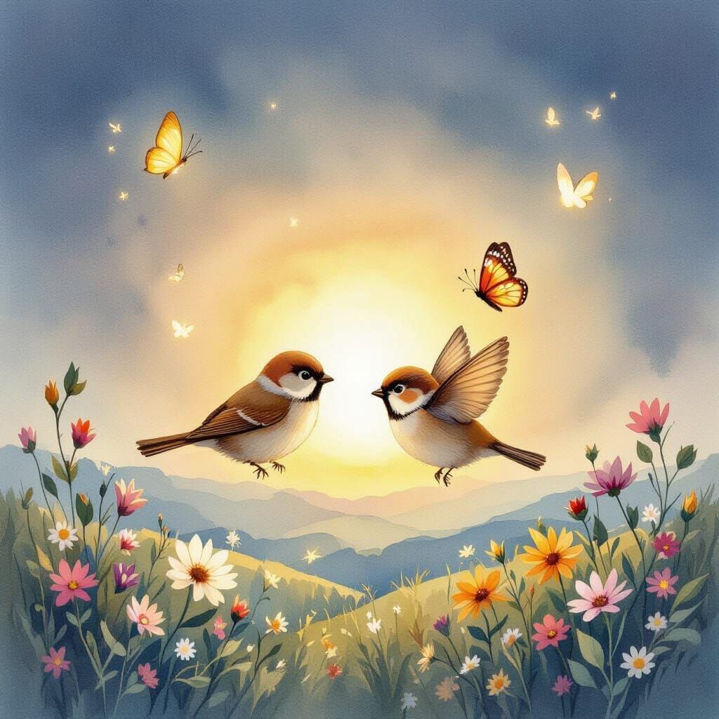 Cute Sparrow and Butterfly Fly into Glowing Horizon
