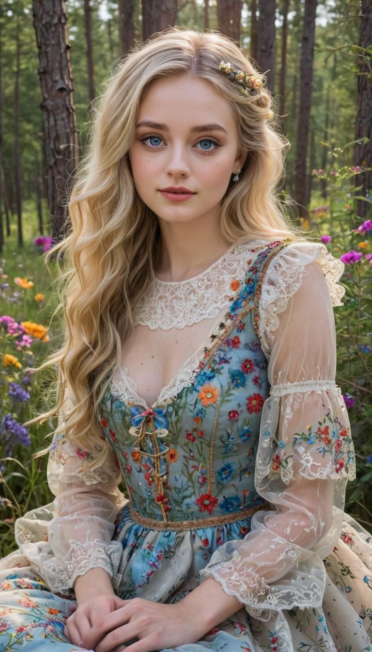 Blonde Woman in Meadow: Tim Burton-Style Ink Sketch