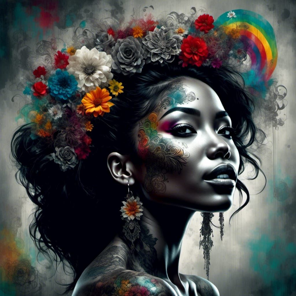 Rainbow Portrait with Lace Flowers in Grunge Style