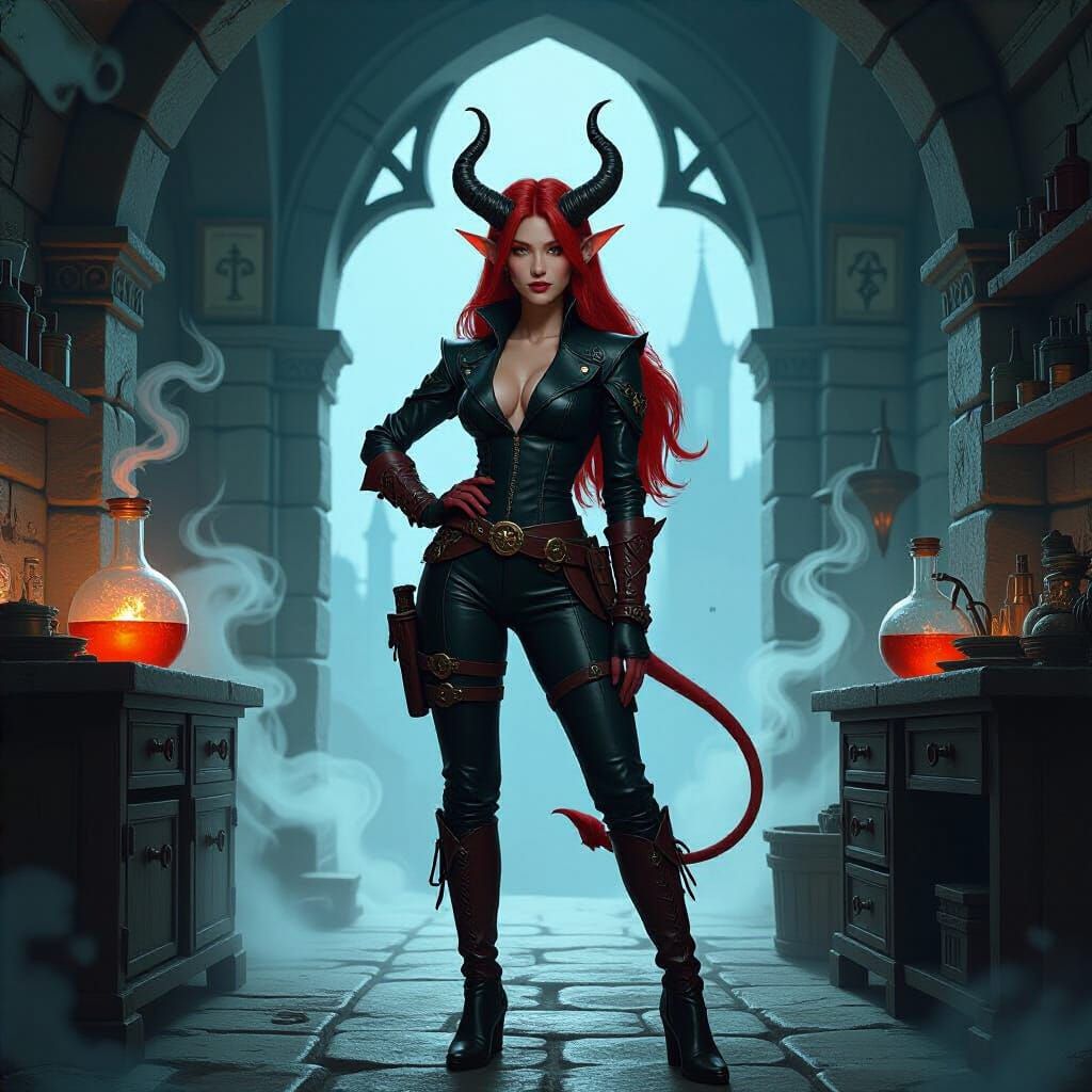 Confident Tiefling Alchemist in Shadowy Gothic Laboratory