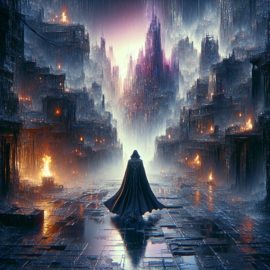 Ethereal Cityscape: Hypermaximalist Figure in the Rain