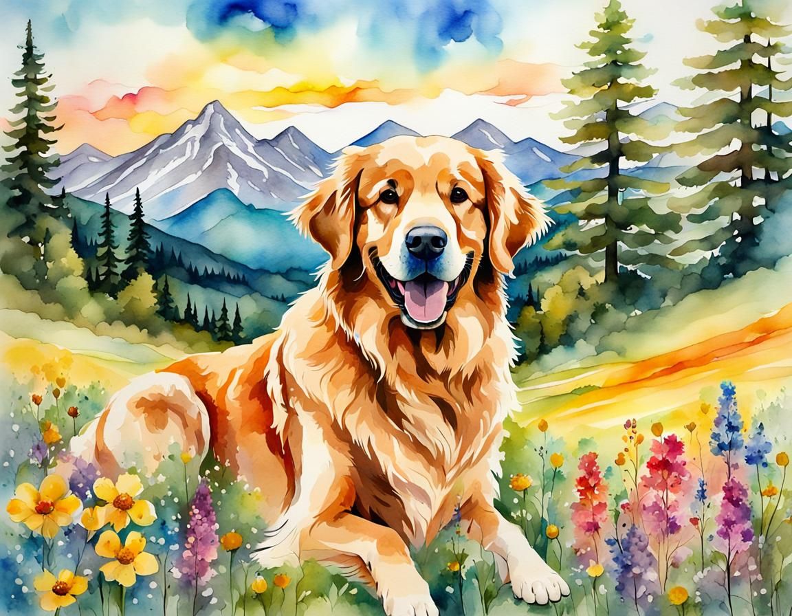 Golden Retriever in Watercolor Mountain Landscape