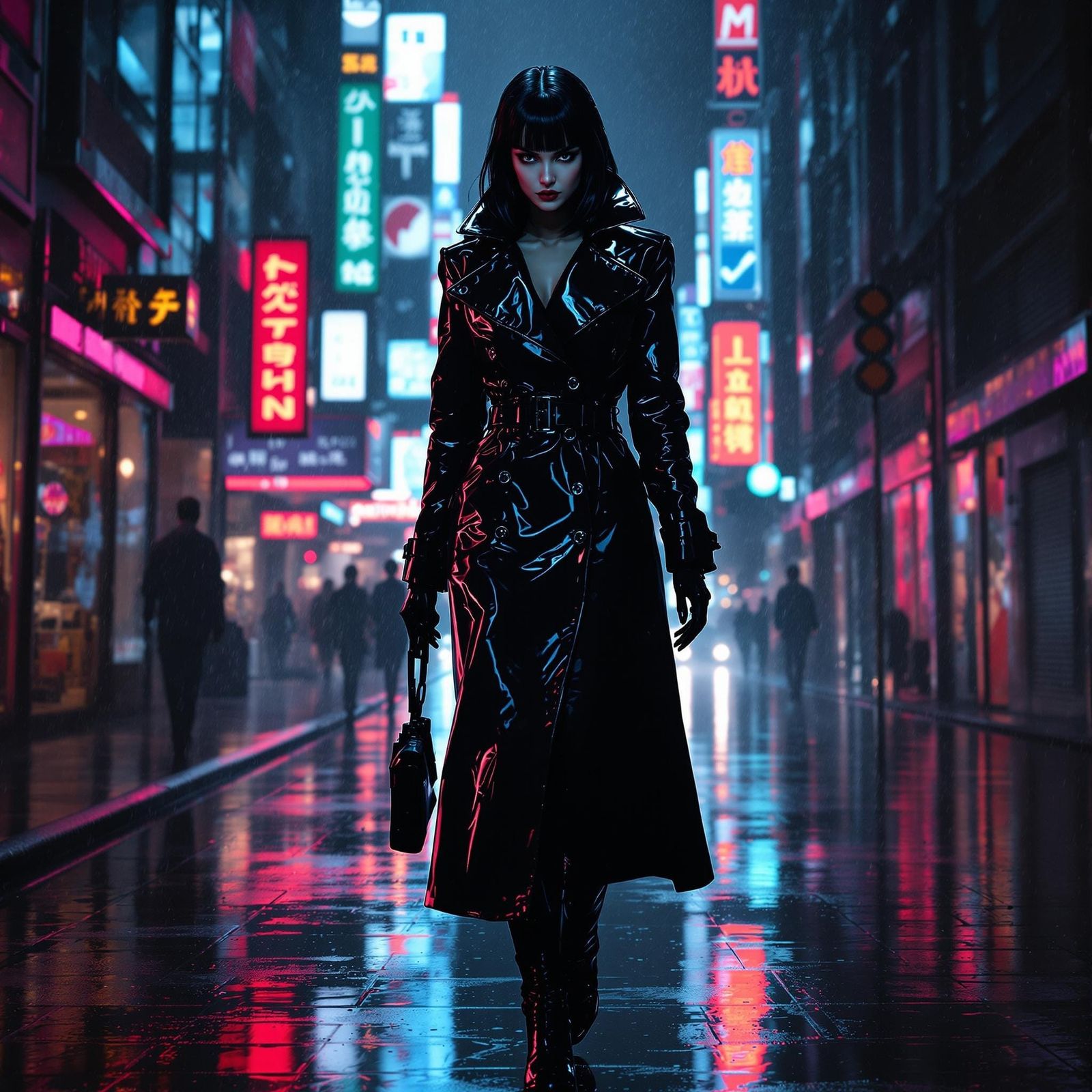 Android Femme Fatale in Rainy Cyber Street