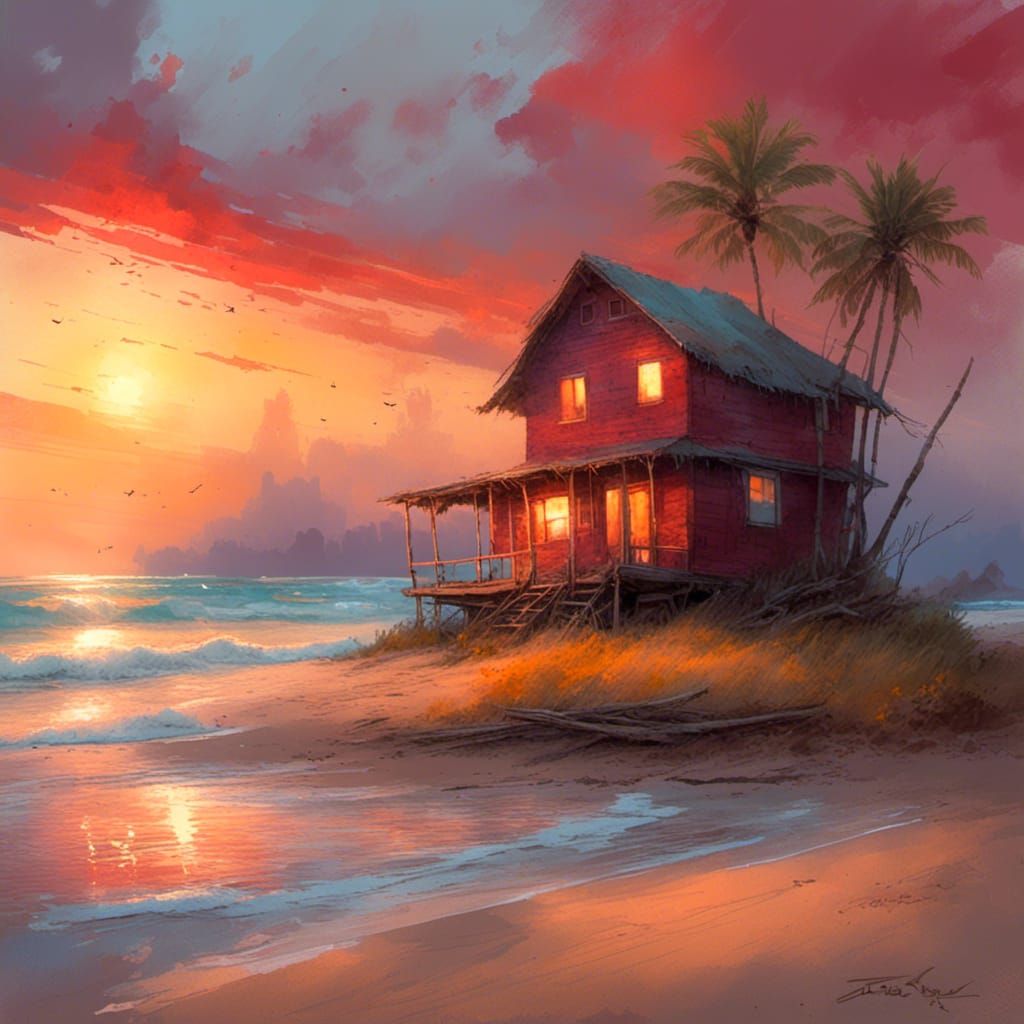 Tropical Beach Sunrise with Straw Hut Beach House