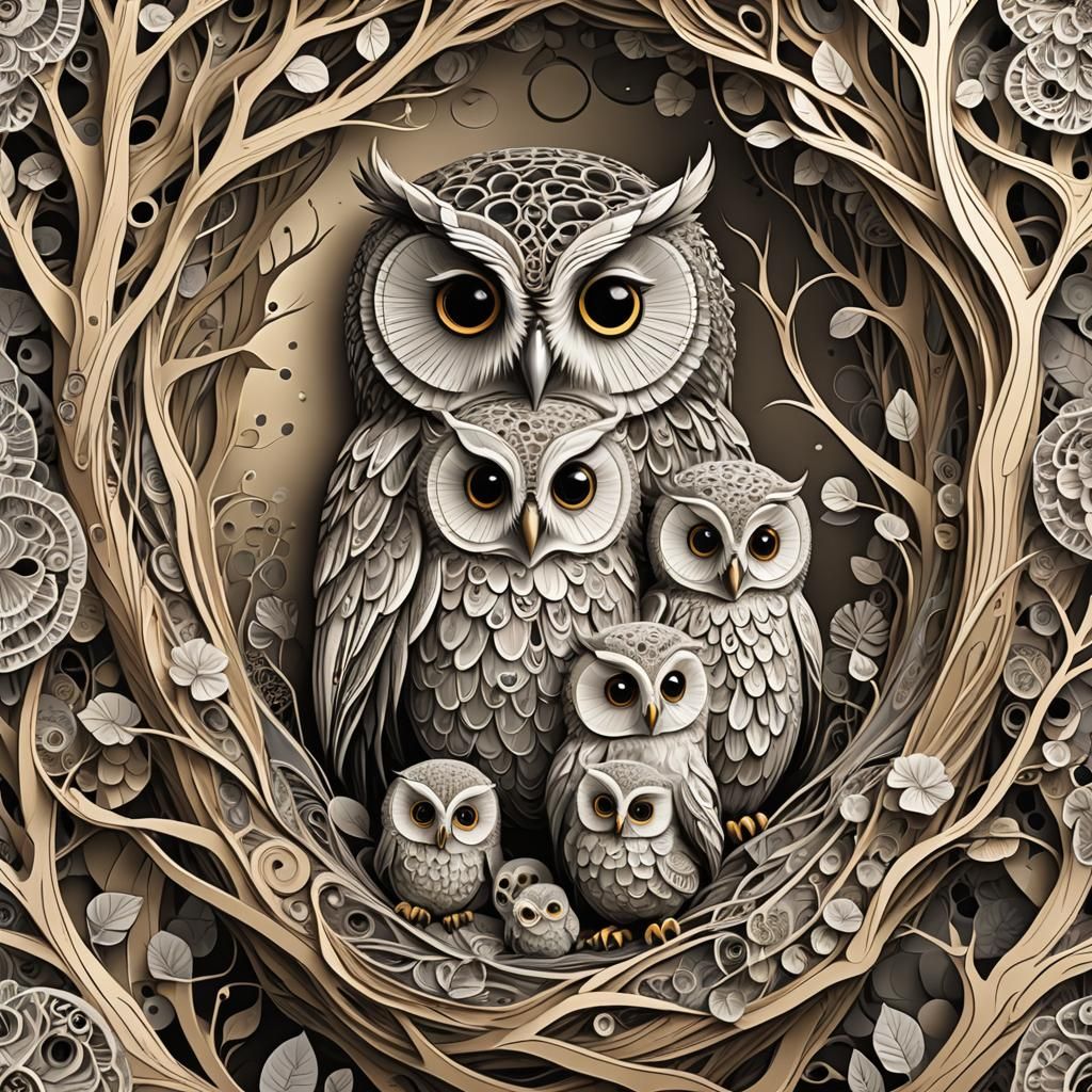 Surreal Owl Protecting Baby Owls in Nest