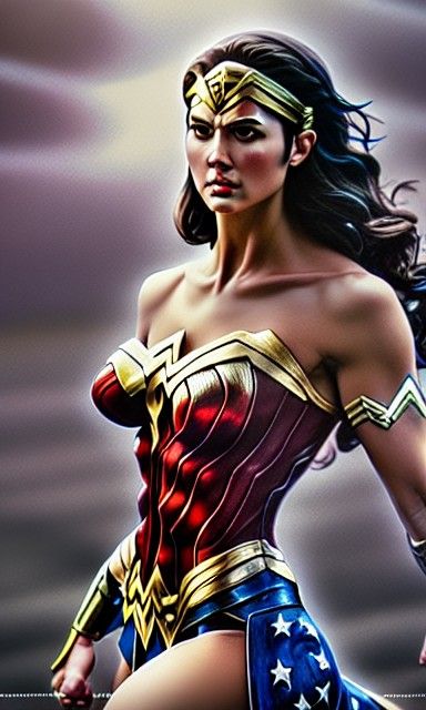 Wonder Woman Flexing, Hyper-Detailed Digital Illustration