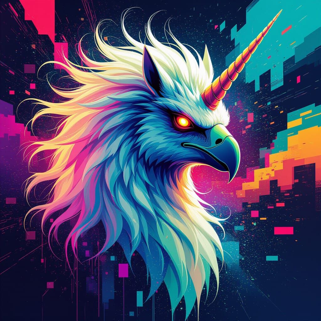 Surreal Glitch Art Hippogriff with Melting Mane