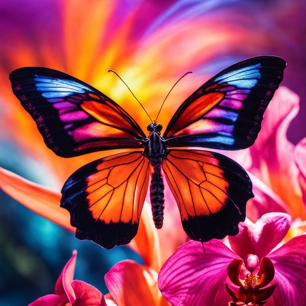 Fiery Butterfly Emerging from Electric Orchids: Impressionis...