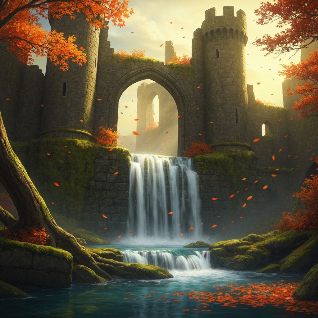 Magical Autumn Waterfall in Ancient Castle Ruins