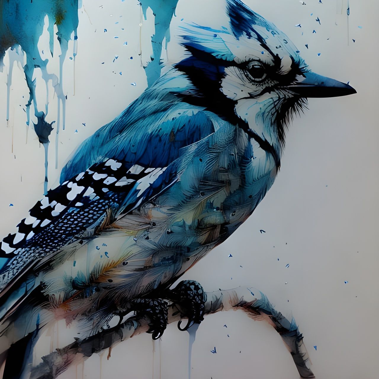 Ink Splash Blue Jay Portrait in Oil Painting Style