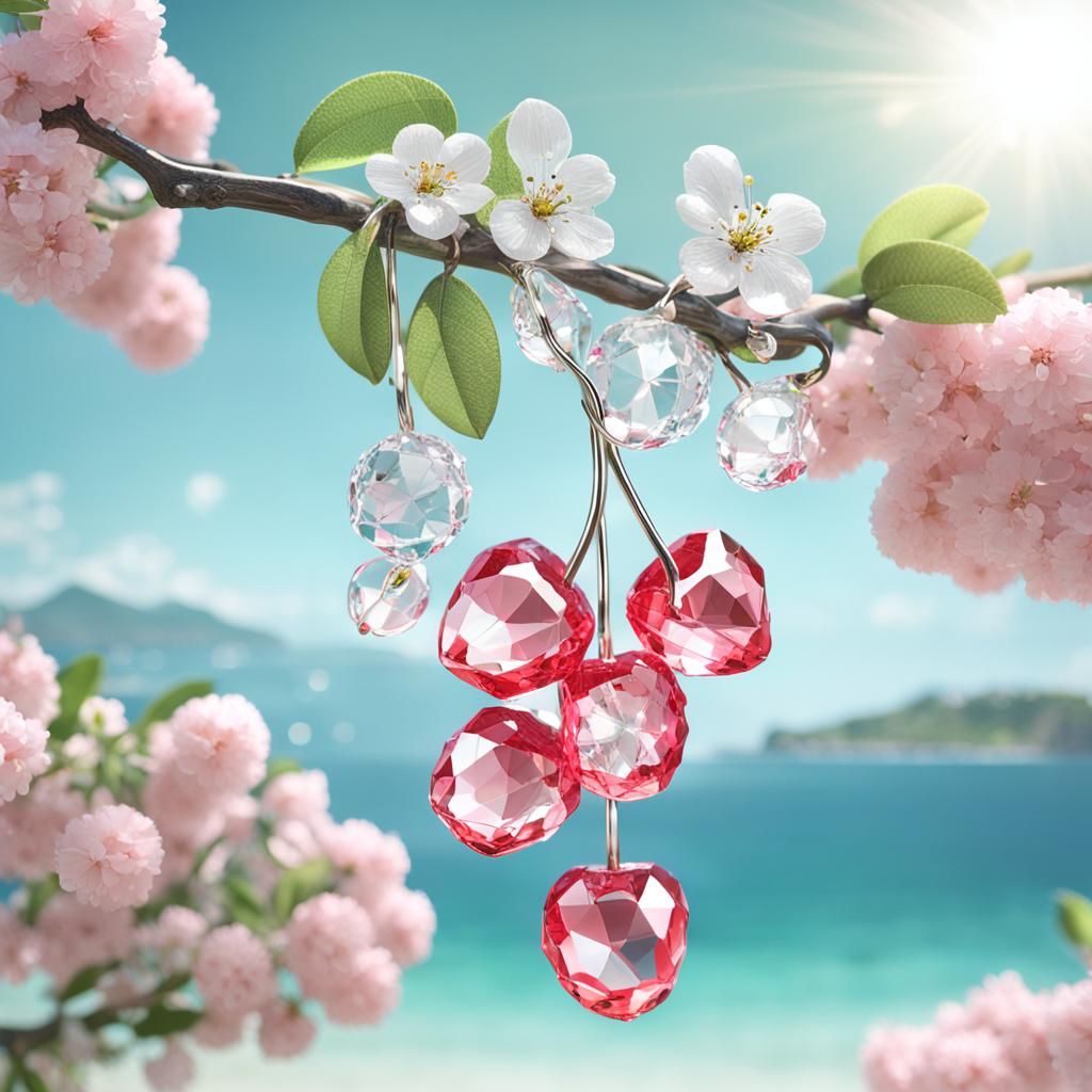 Crystal Cherries on Cherry Tree Branch: 3D Render