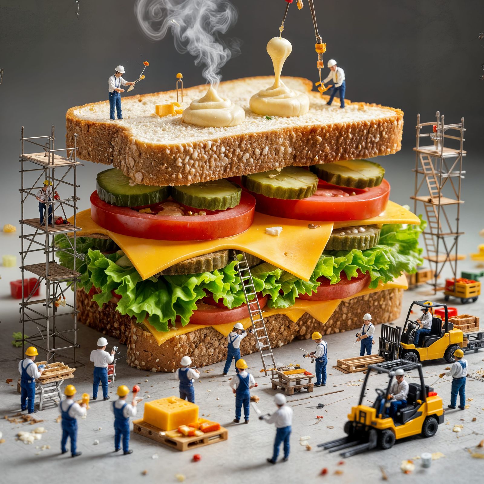 Miniature Workers Constructing Giant Sandwich