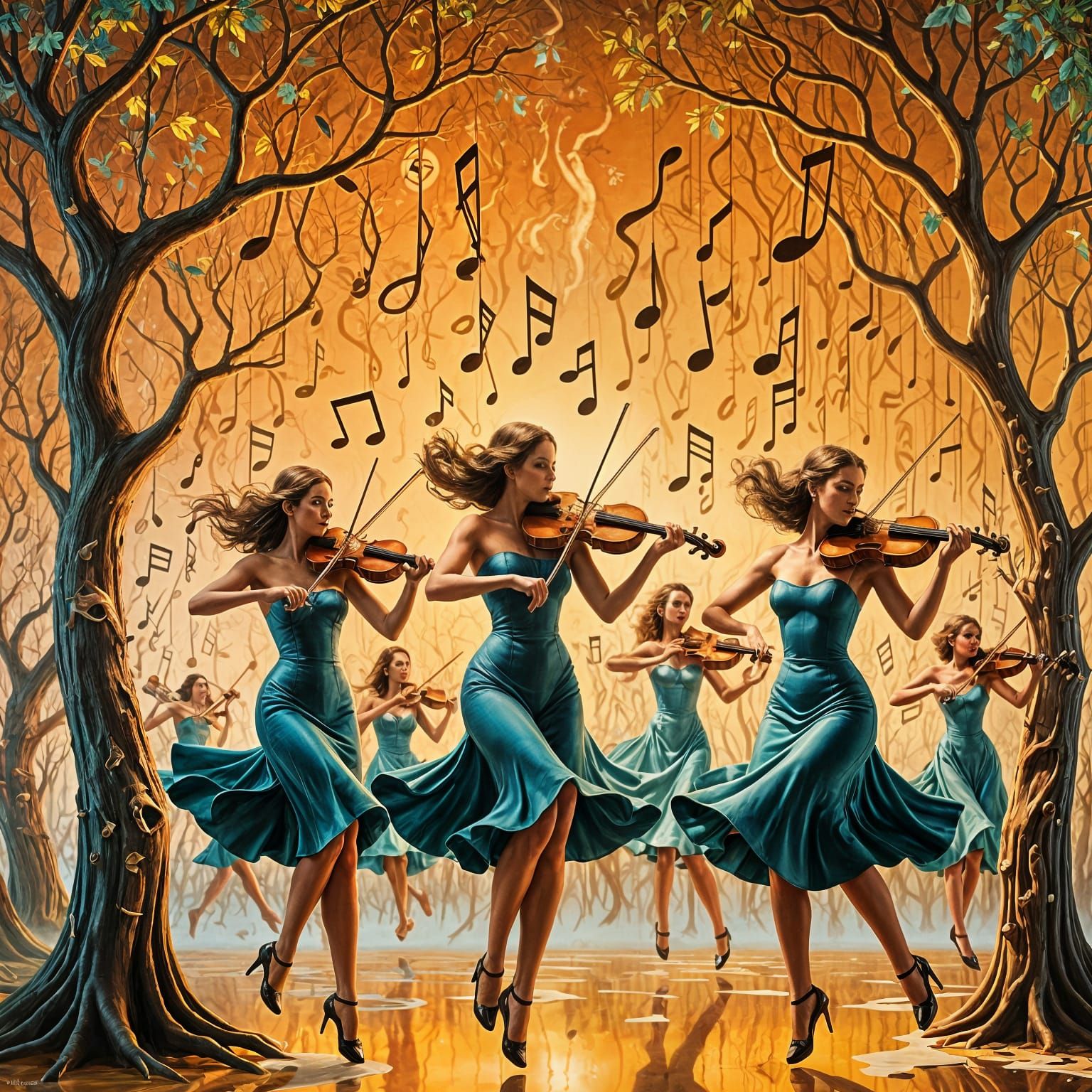 Musical Forest With Violin Trees in Surreal Style