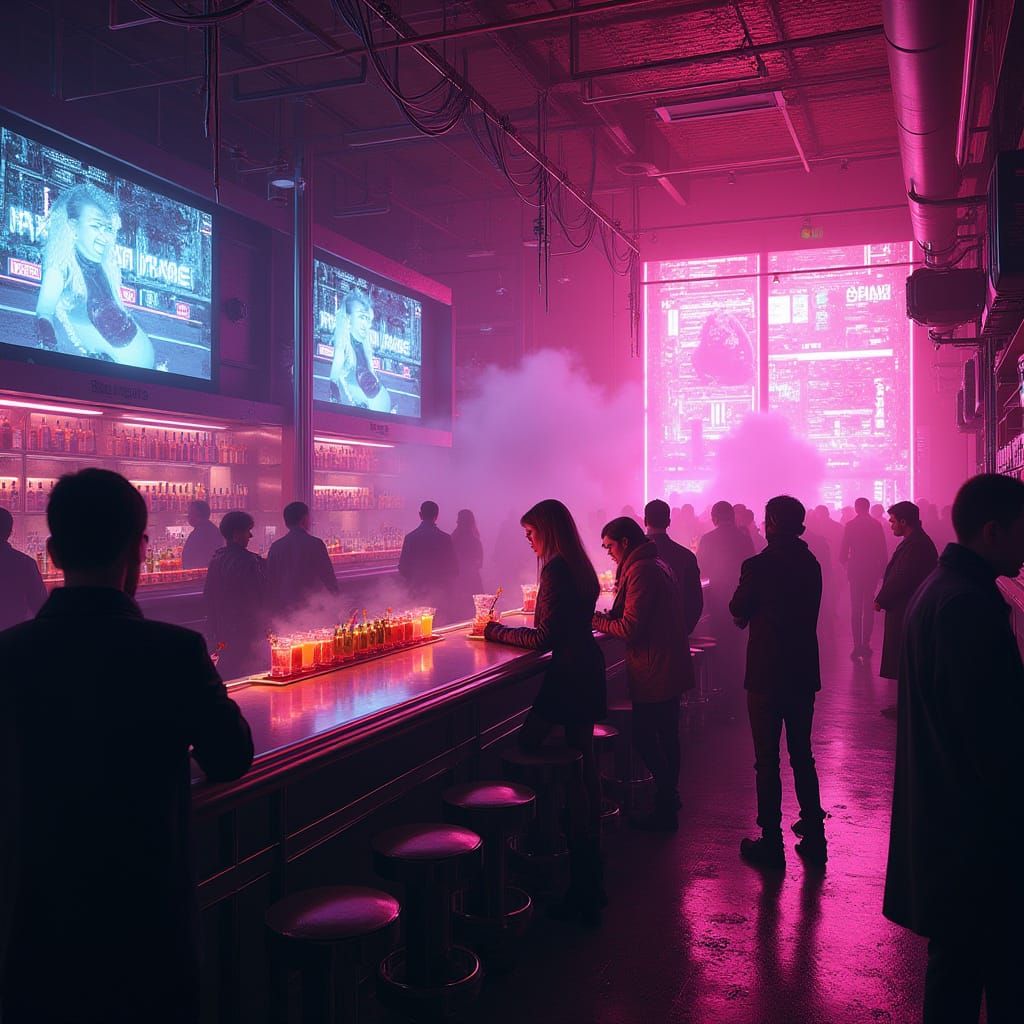 Cyberpunk Bar Interior in Neon Hues