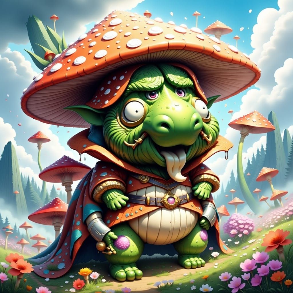 Enchanted Fungal Hero in Whimsical Fantasy Landscape