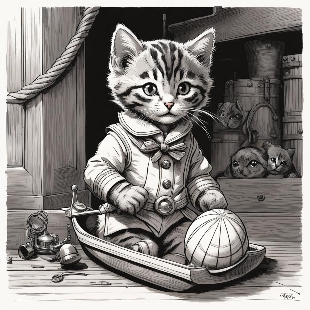 Tabby Kitten in Sailor Suit: Tenniel-Style Drawing