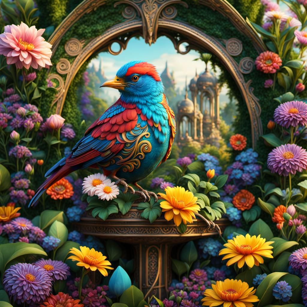 Ornate Bohemian Bird in Detailed Flower Garden