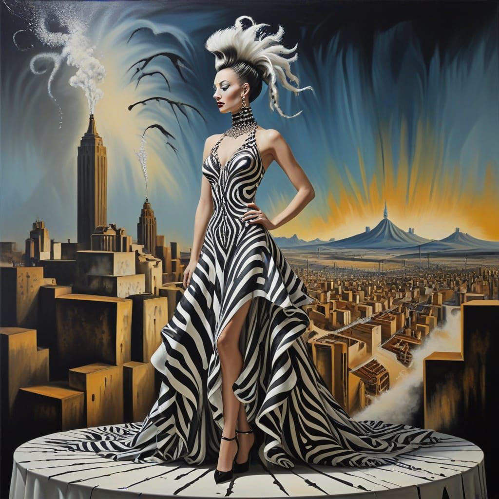 Glamorous Zebra Showgirl in Surreal Cityscape
