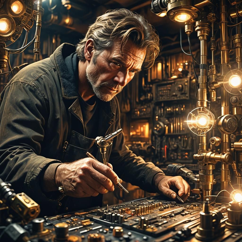 Intense Close-Up of Jim Working on Machine