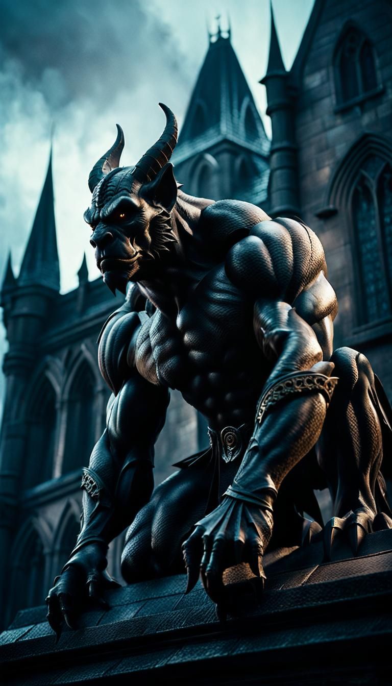 Epic Mythological Gargoyle in Dark, Muted Cinematic Style