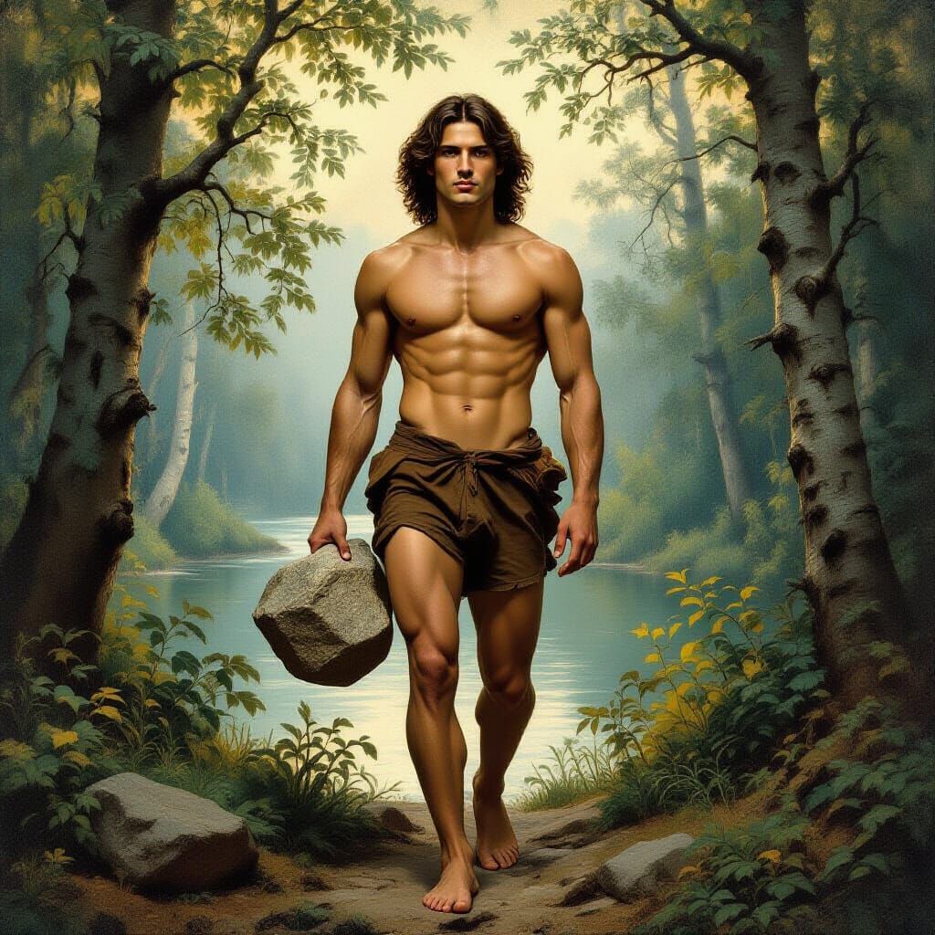 Athletic Man Carries Rock in Serene Forest, 19th Century Sty...