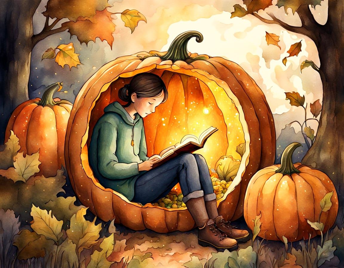 Cozy Reading Nook in Giant Pumpkin, Watercolor Style