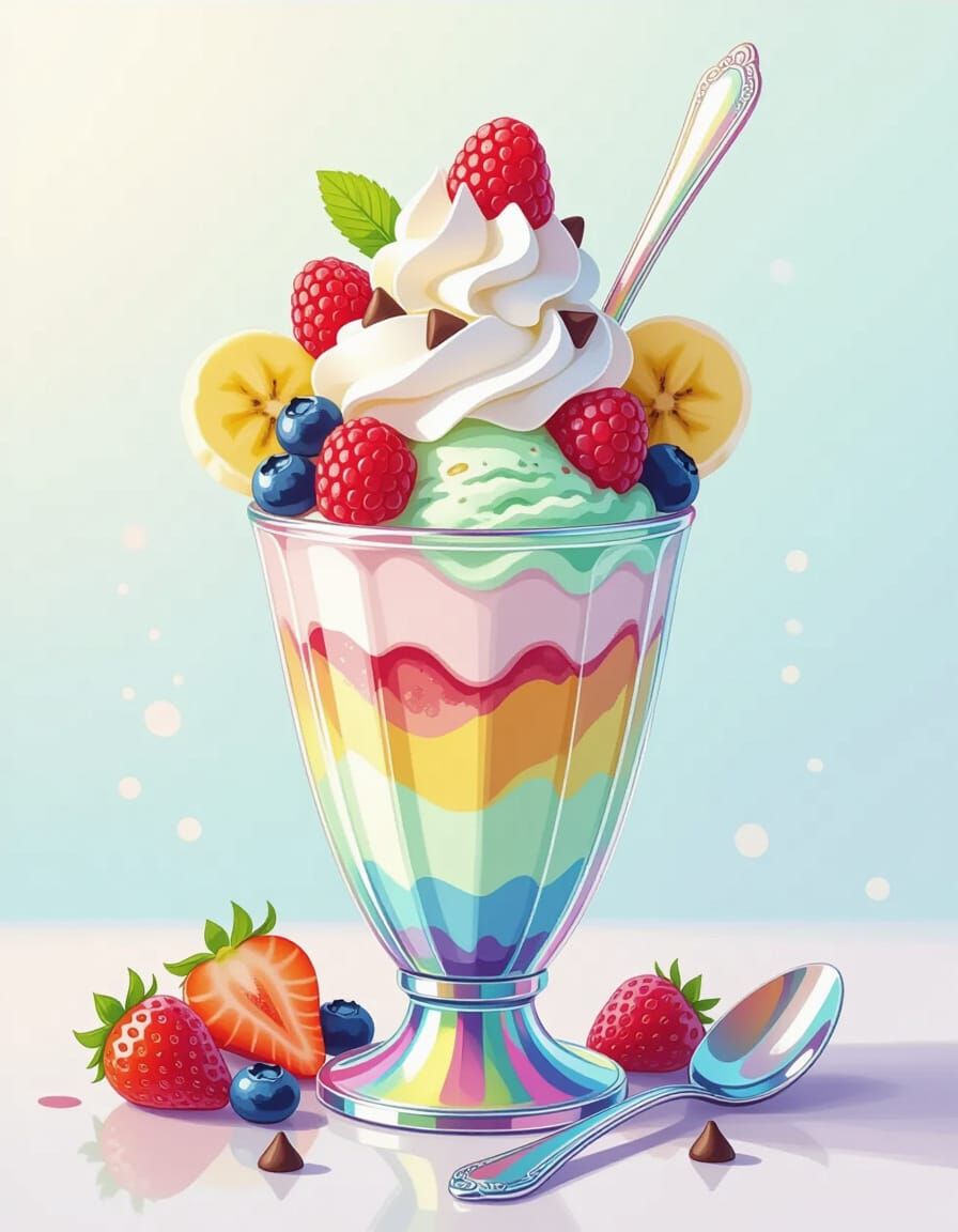 Creamy Mint Chocolate Sundae with Berries in Pastel Watercol...