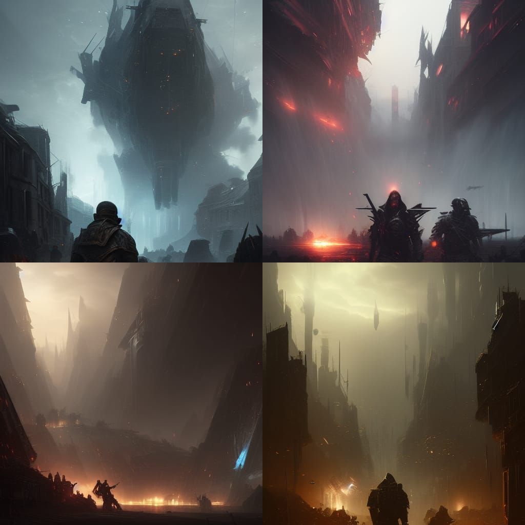 Epic Fantasy War Scene in Dark Purple and Yellow