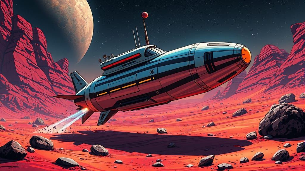 Futuristic Submarine Lands on Mars in Comic Style