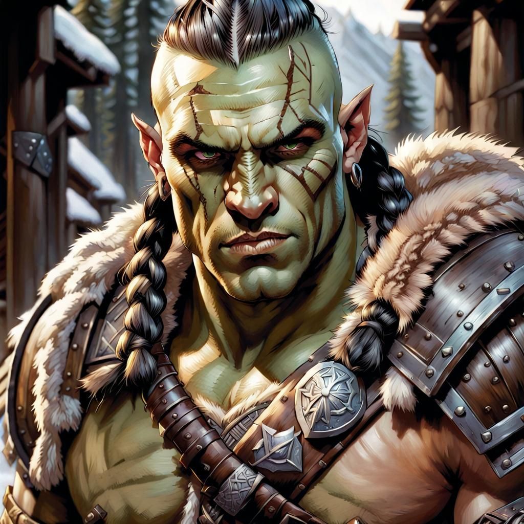 Half-Orc Barbarian Portrait in Comic Book Style