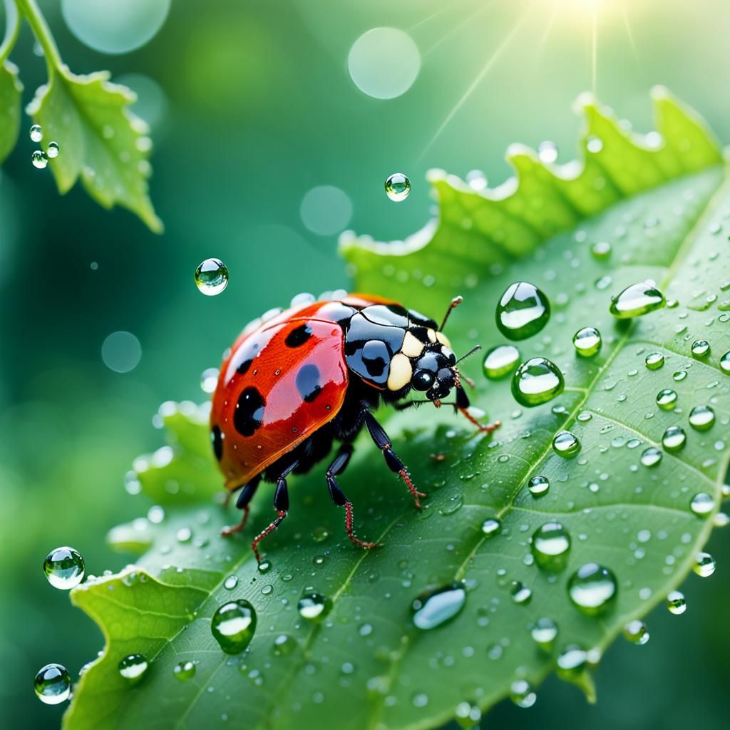 Ladybug Sipping Dew: Surreal Oil on Canvas