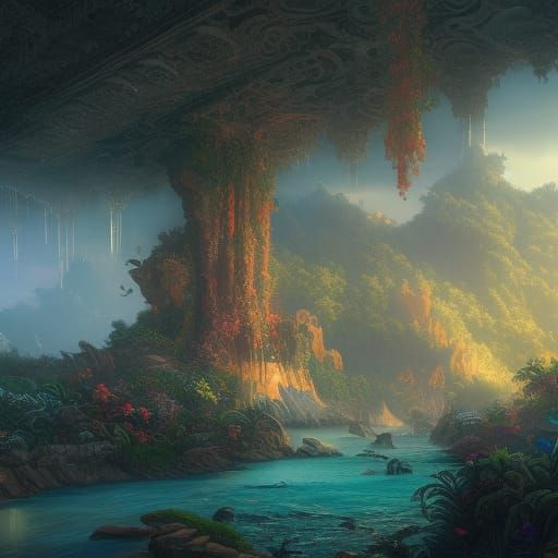 Fantastical Paradise: Detailed Matte Painting in Deep Color