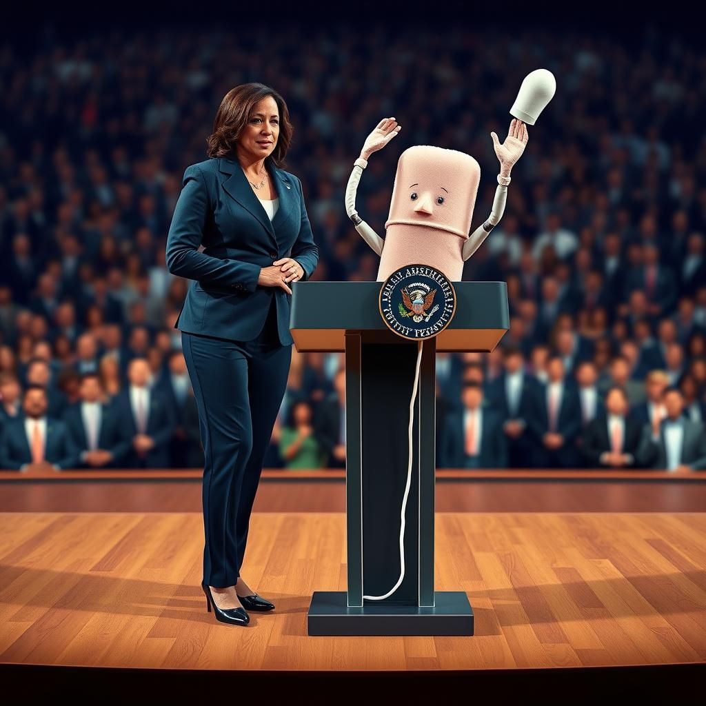 Kamala Harris and Anthropomorphic Tampon in Surreal Portrait