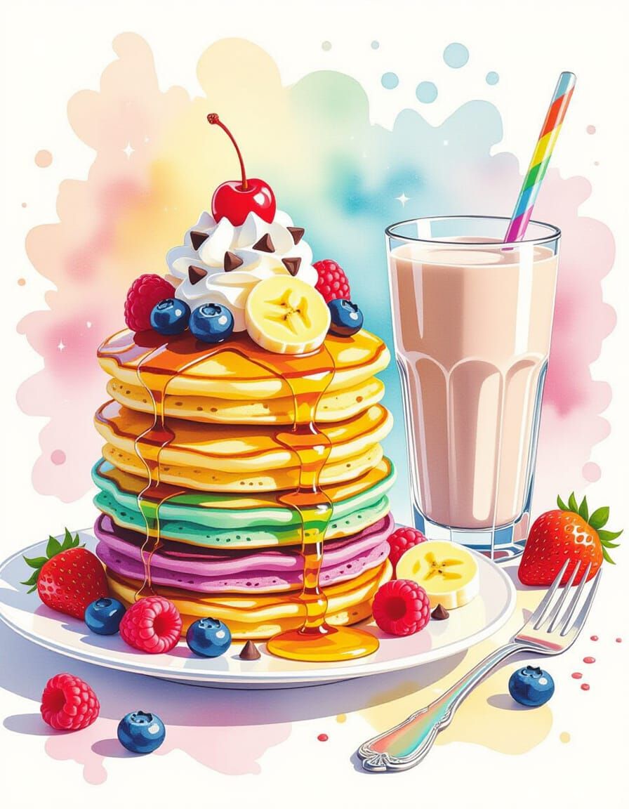 Rainbow Pancakes with Chocolate Milk in Watercolor Splash St...