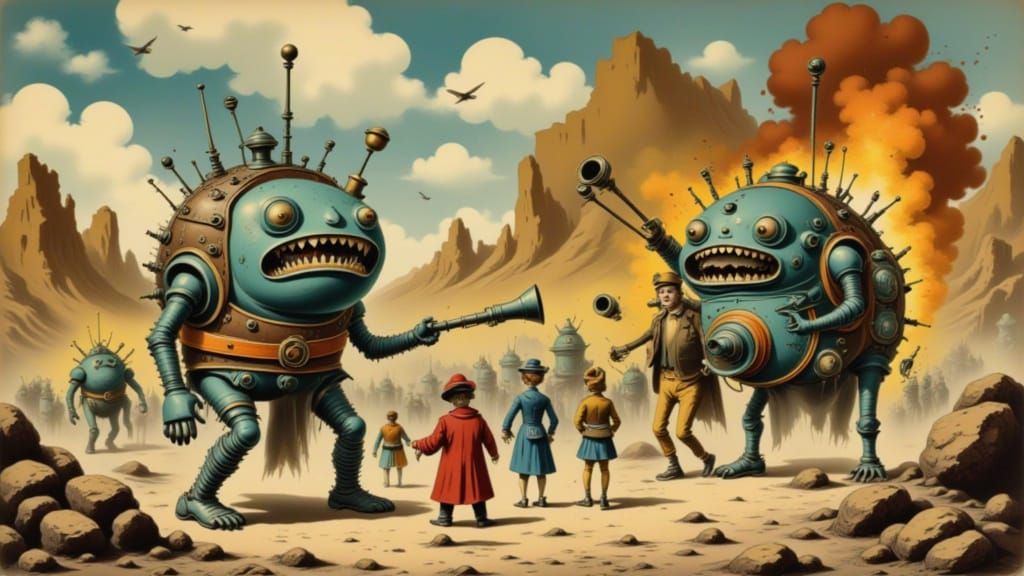 Robot Versus Mad Scientists as Oil Painting