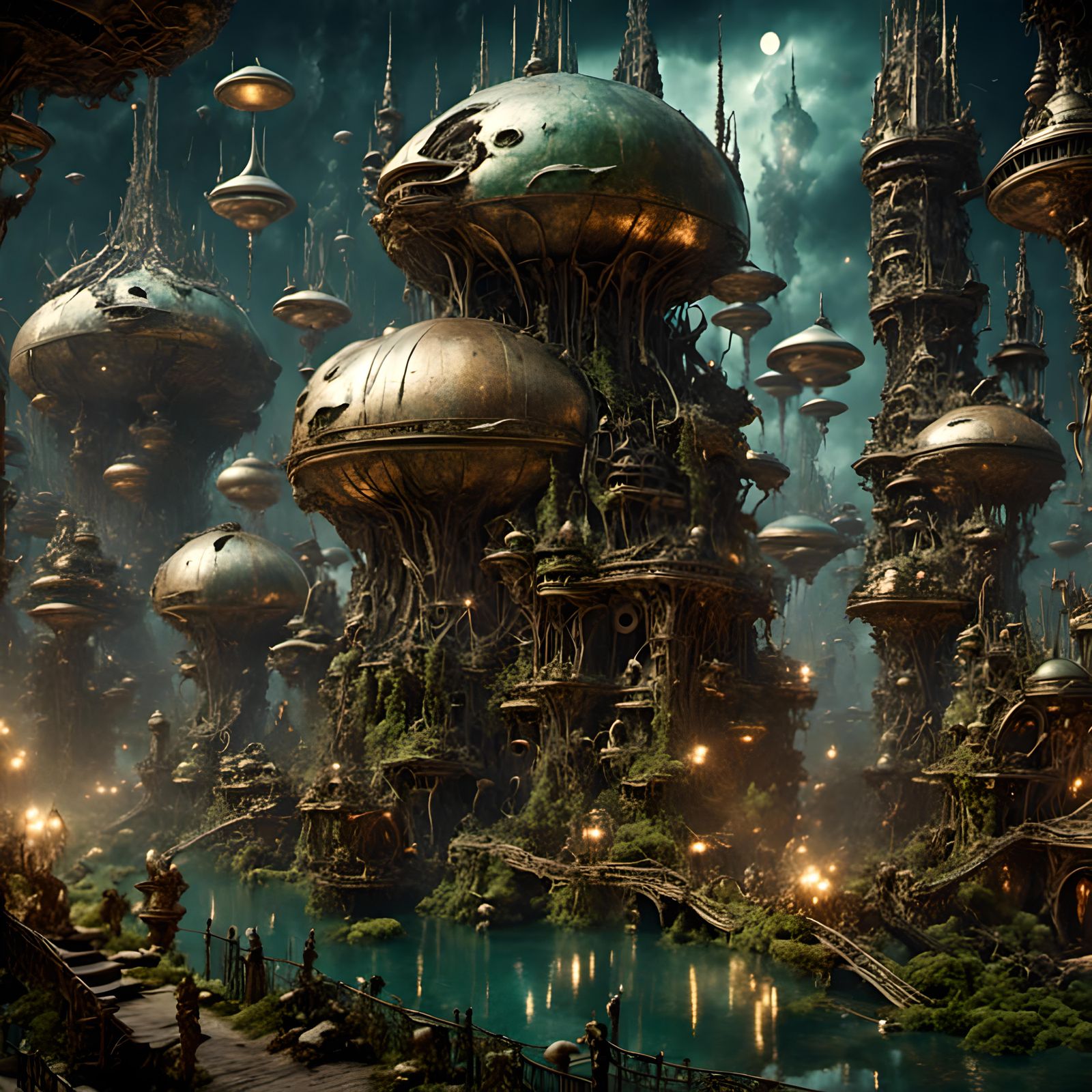 Futuristic Space City with Xenomorphs in Surreal Style