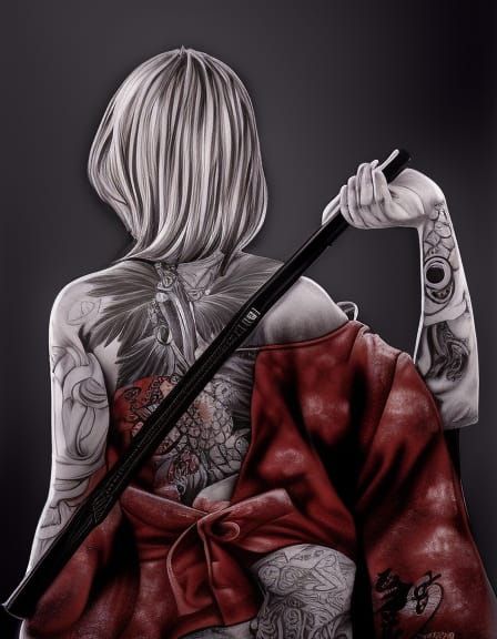 Yakuza Girl Portrait in Charcoal Sketch Style